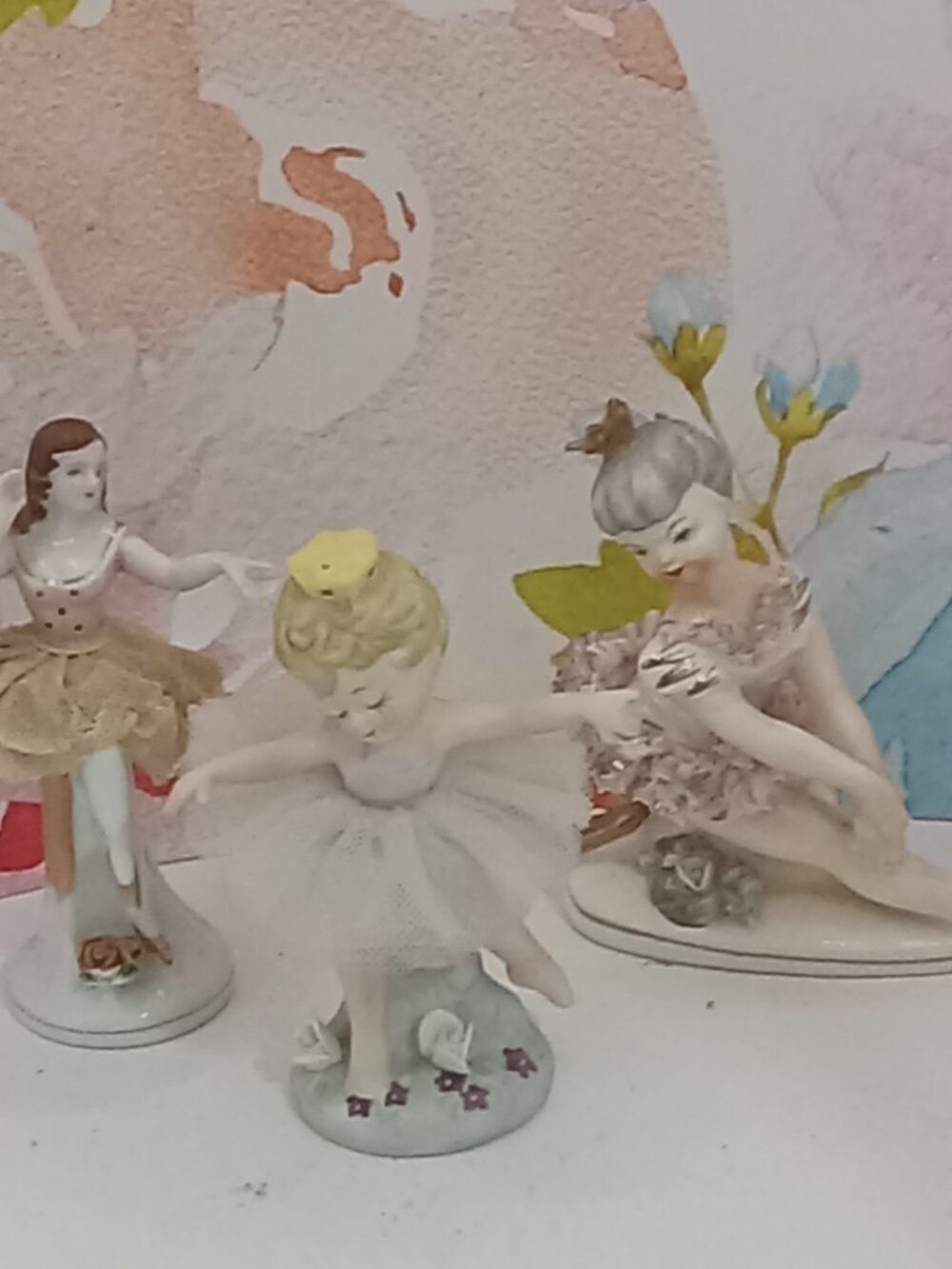 Girl BALLERINA Figurines 1950s Japan Spaghetti Trim TUTU Ceramic Small Ballet